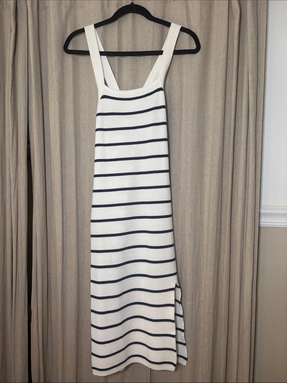 White & Navy Striped Sleeveless Midi Dress